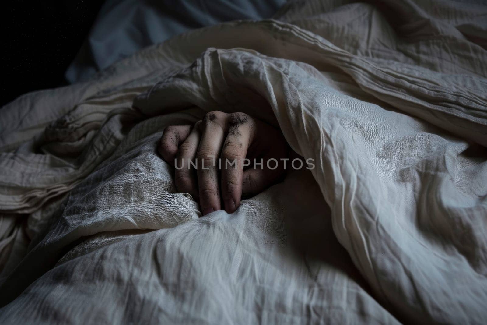 Close-up of a sleepless person's hand clutching the bedsheets in frustration