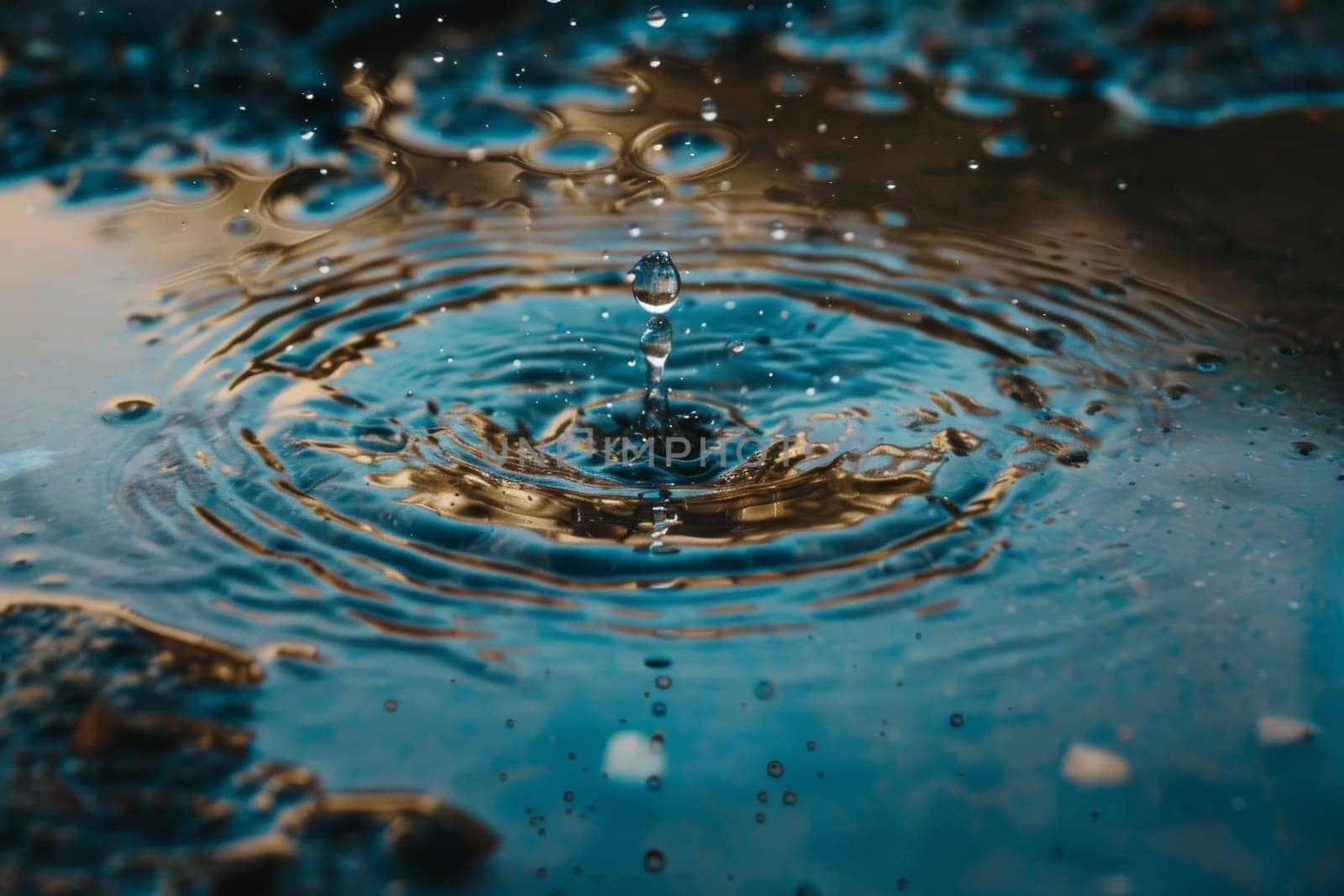 Close up of a raindrop falling into a puddle, symbolizing the interconnectedness of all living things