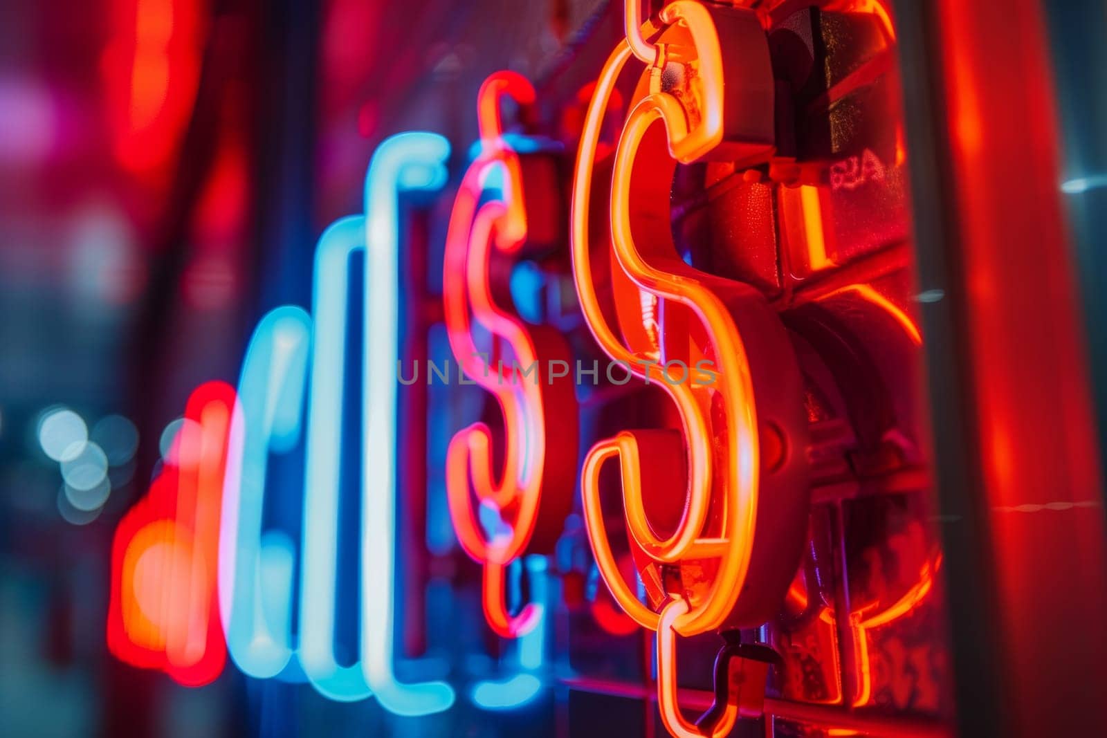 Close-up of a dollar sign on a neon signboard, financial concept