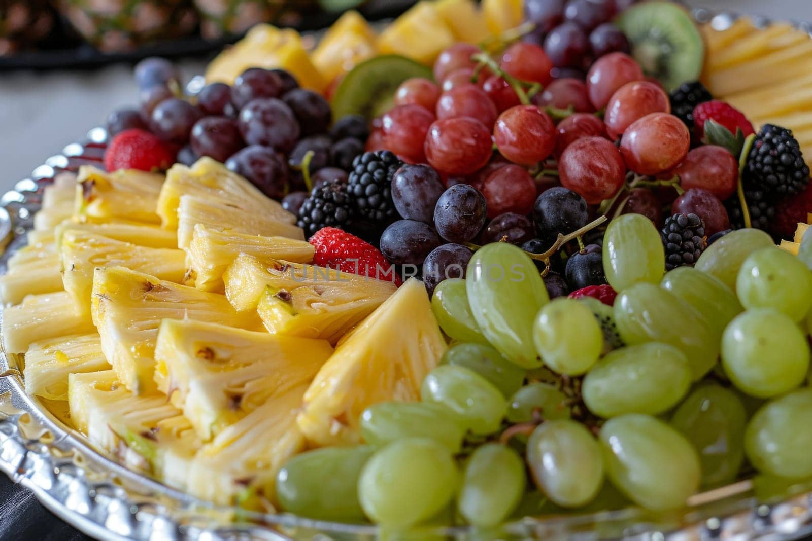 Close-up of a colorful fruit platter with pineapple, grapes, kiwi, and berries, a nutritious and refreshing snack