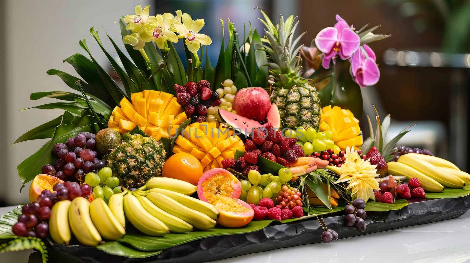 A fruit platter with a variety of fruits including bananas, grapes, and oranges. The arrangement is colorful and appetizing