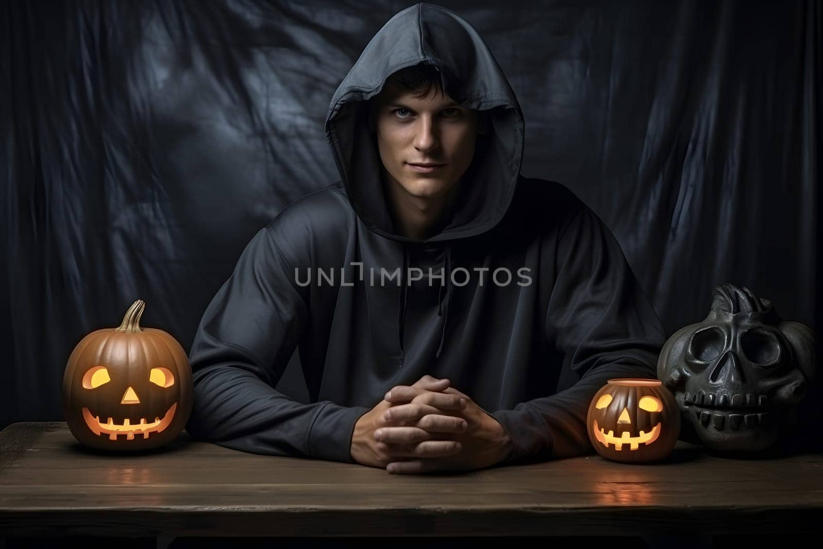 A hooded Caucasian man sitting at the table with clasped hands and with carved pumpkin lanterns in a spooky Halloween setting with black curtain at the background