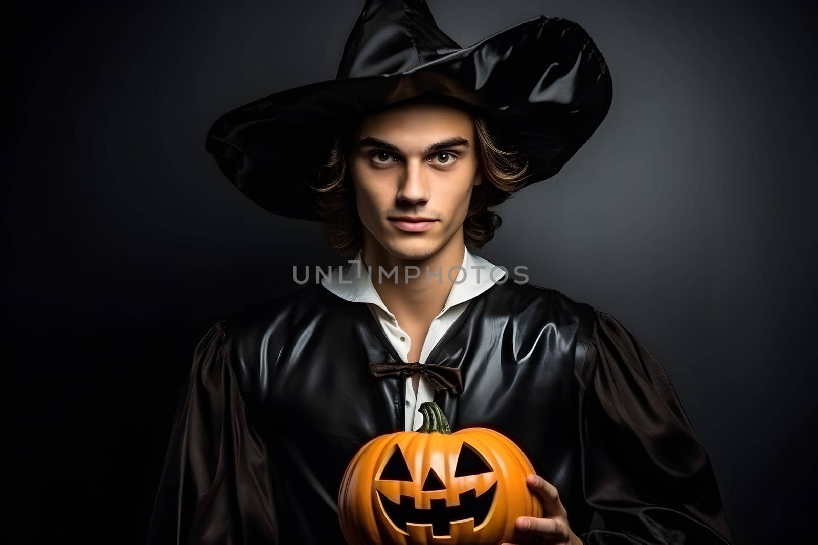 A young adult Caucasian man is dressed in a witch costume, holding a Jackolantern, ideal for Halloweenthemed content and media