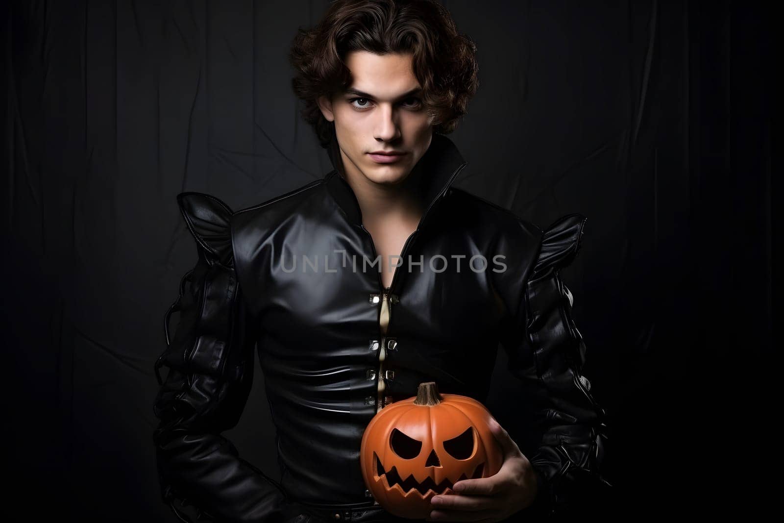 Mysterious young adult Caucasian man in black attire holding a carved pumpkin, perfect for Halloween and dark fantasy themes.