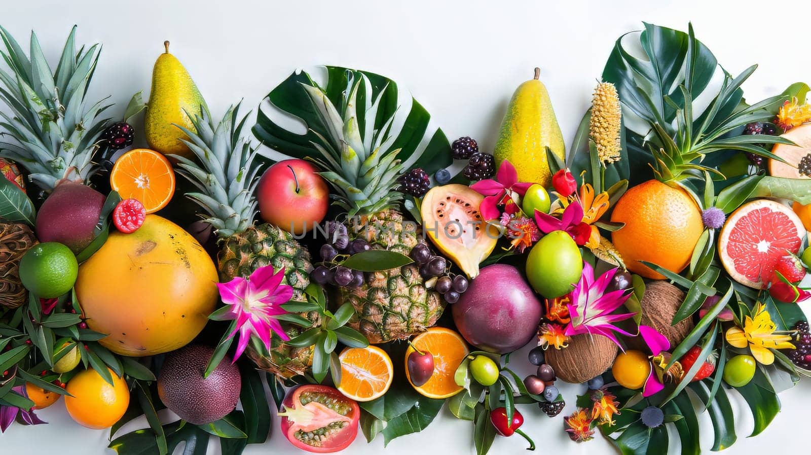 A colorful display of fruits and s, including oranges, apples, pears, and grapes