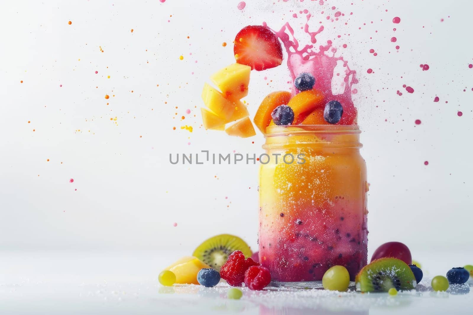 A colorful fruit smoothie in a glass jar with a splash of pink and blue. The jar is filled with a variety of fruits including strawberries, blueberries, kiwi, and grapes