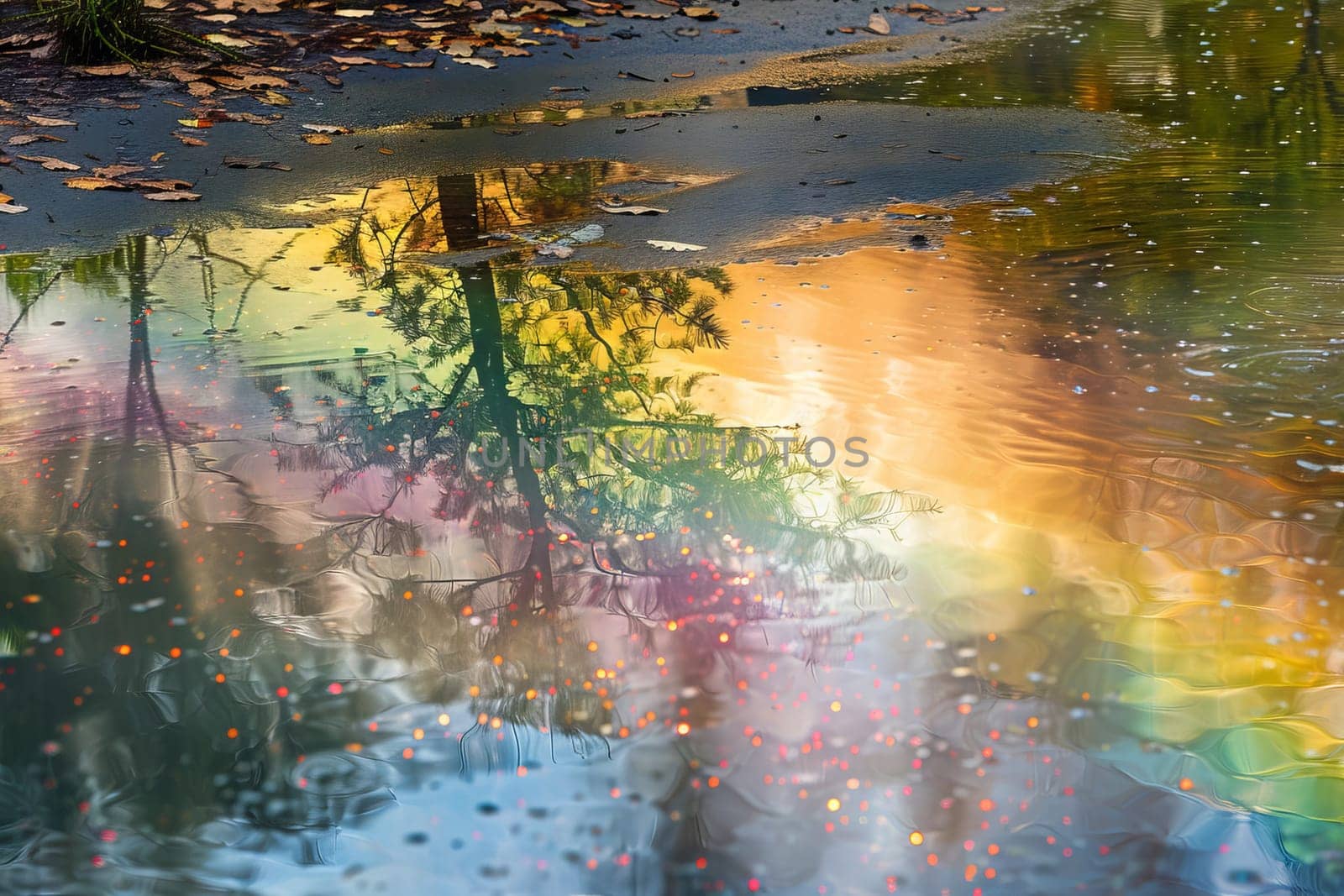 Colorful rainbow reflected in transparent water, adding a magical touch to the scene