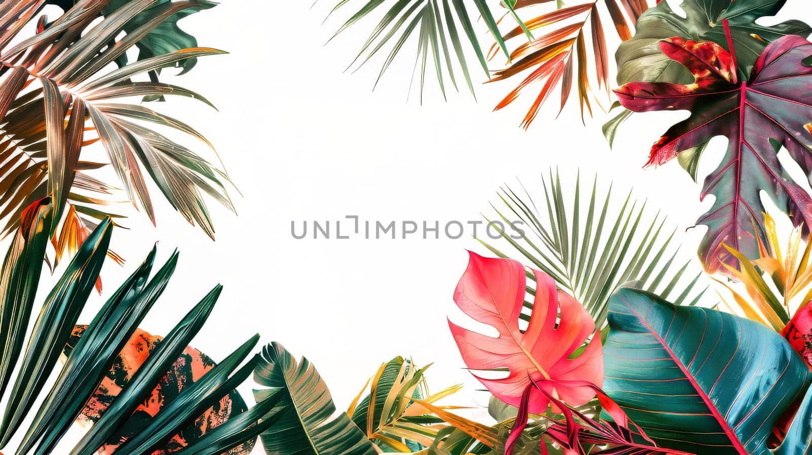 A colorful tropical scene with a white background. The image is full of vibrant colors and exotic plants, creating a sense of warmth and adventure