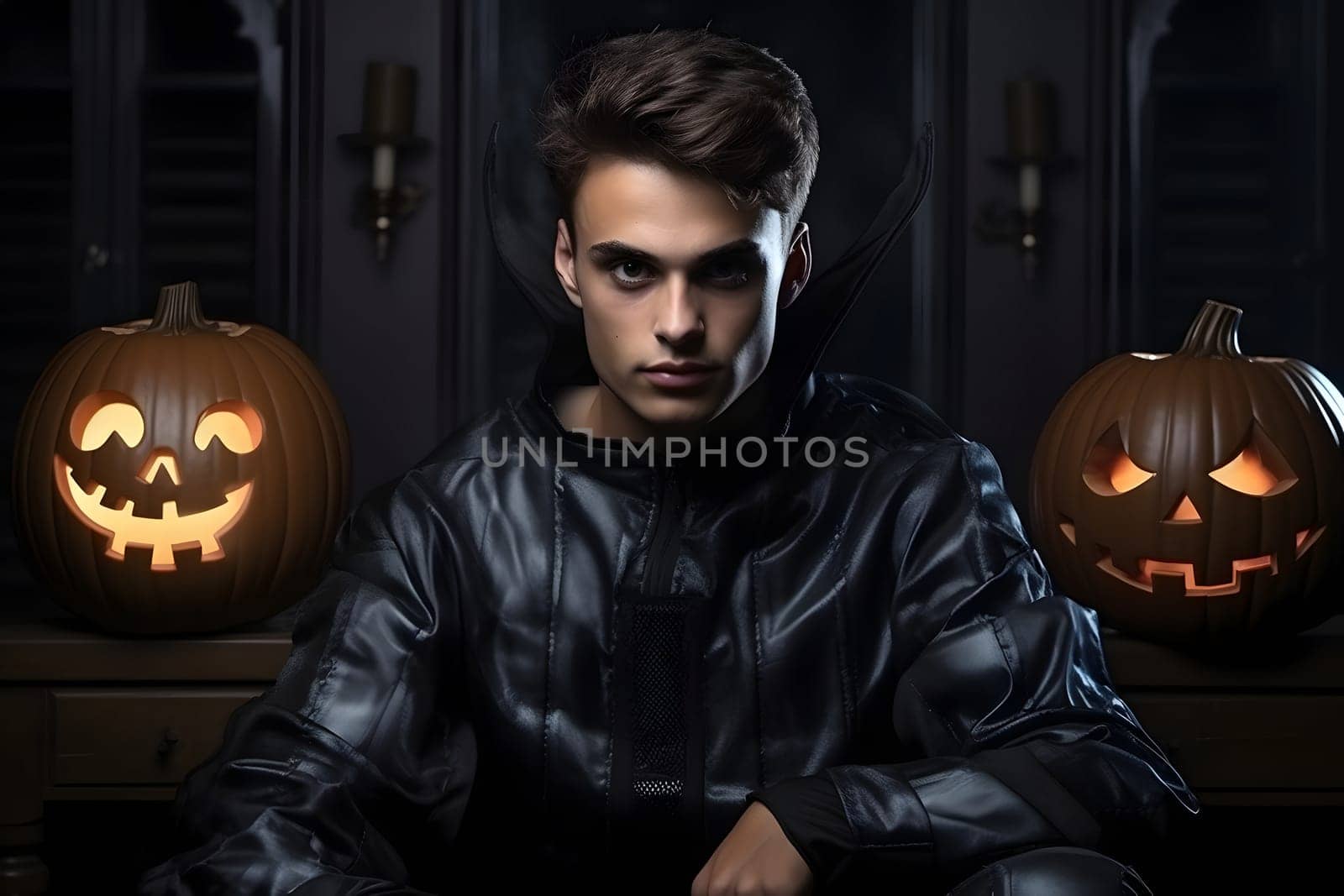 A young adult attractive Caucasian man in a dark costume, flanked by two jack-o'-lanterns, set against an atmospheric Halloween night.