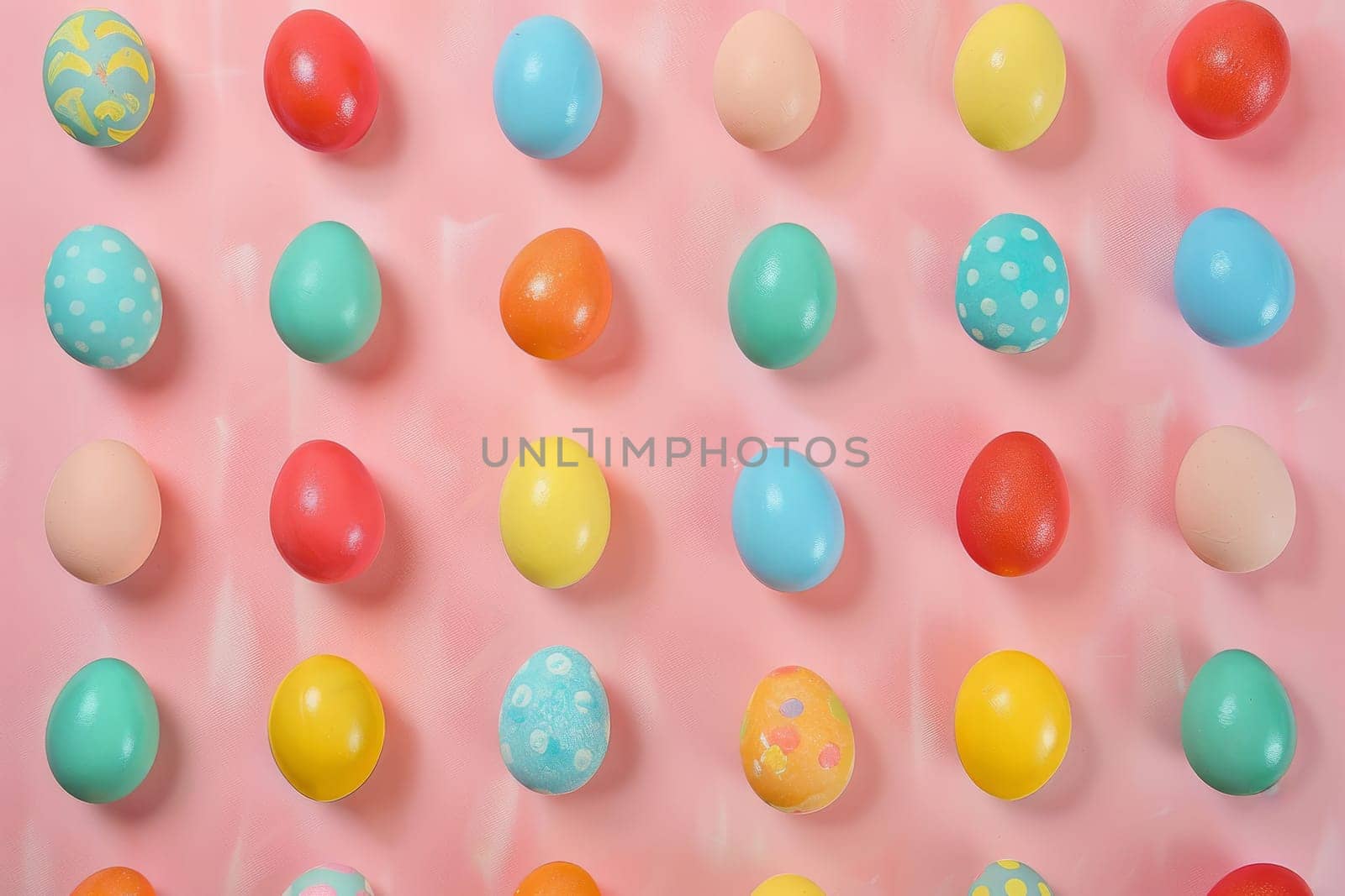 Colorful Easter eggs arranged in a playful pattern against a pastel backdrop
