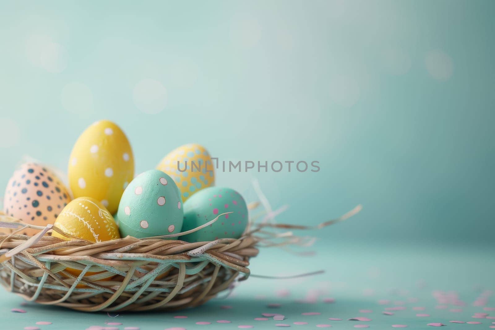 Colorful Easter eggs arranged in a basket against a pastel background