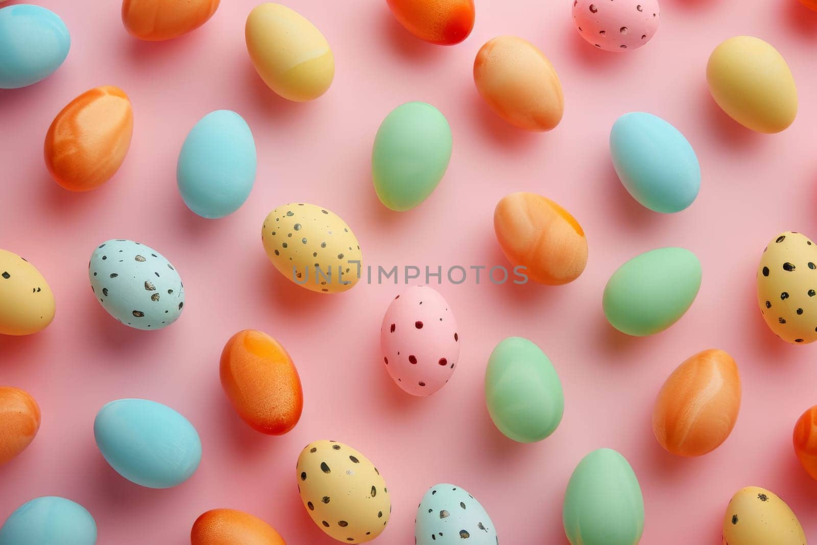 Colorful Easter eggs arranged in a pattern against a pastel backdrop