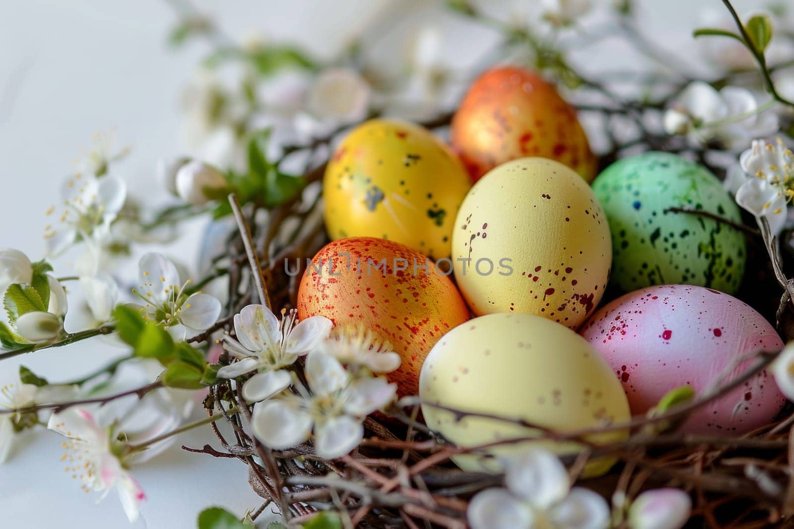 Colorful Easter eggs arranged in a nest with spring blossoms