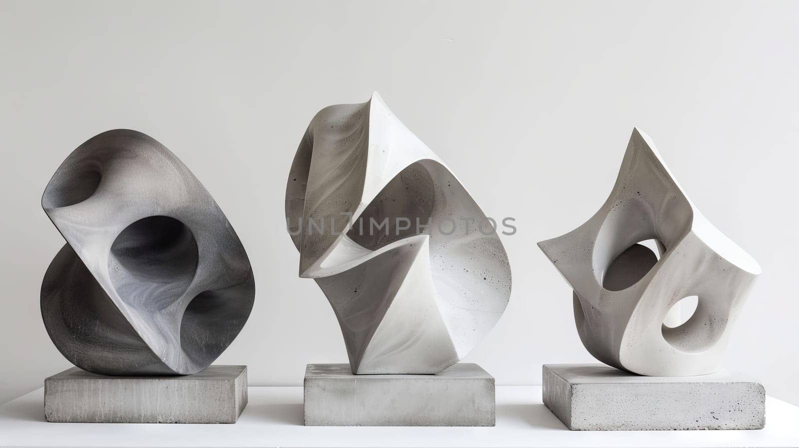 Three sculptures made of concrete, one of which is a cube. The sculptures are placed on a white surface