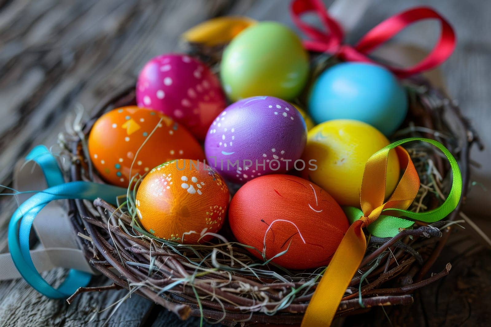 Colorful Easter eggs arranged in a decorative nest with ribbon accents