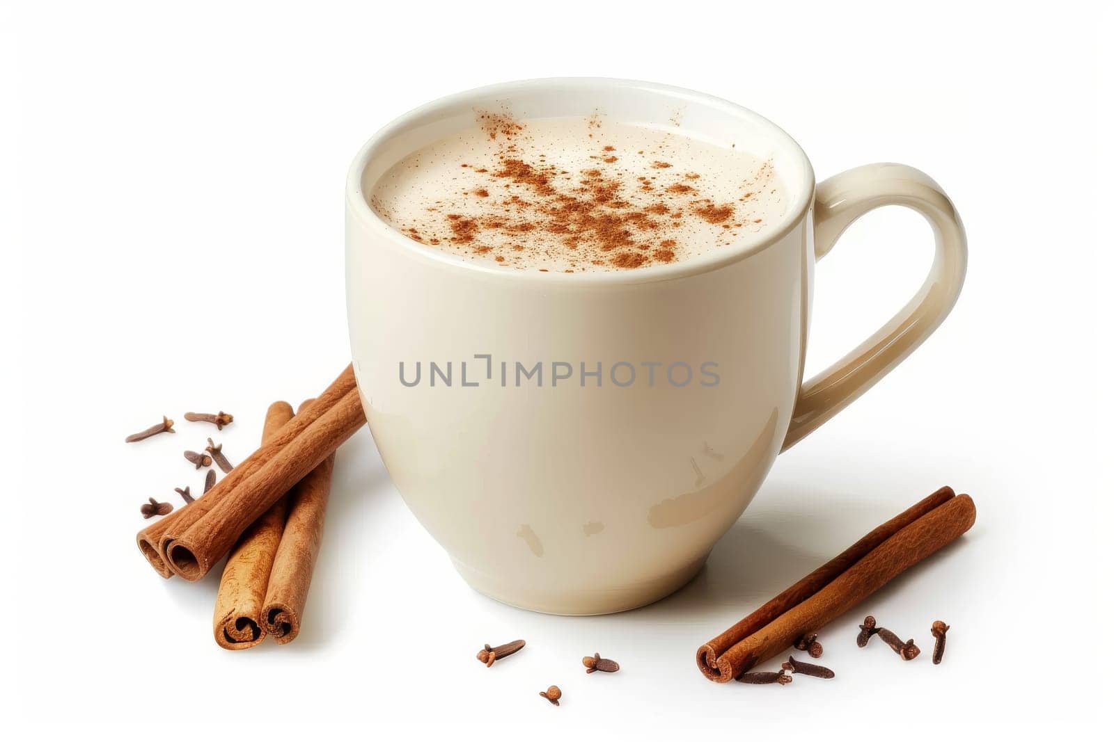 A white mug with cinnamon sticks and a white foam on top. The mug is filled with a warm beverage