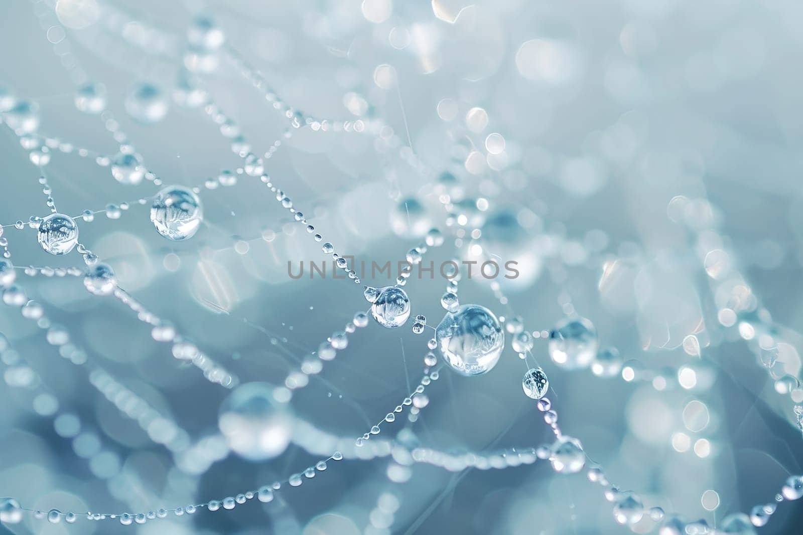 Crystal-clear water droplets caught in the delicate strands of a spider's web