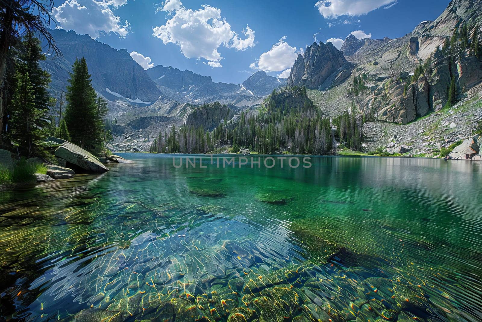 Crystal-clear mountain lake surrounded by towering peaks and pine trees