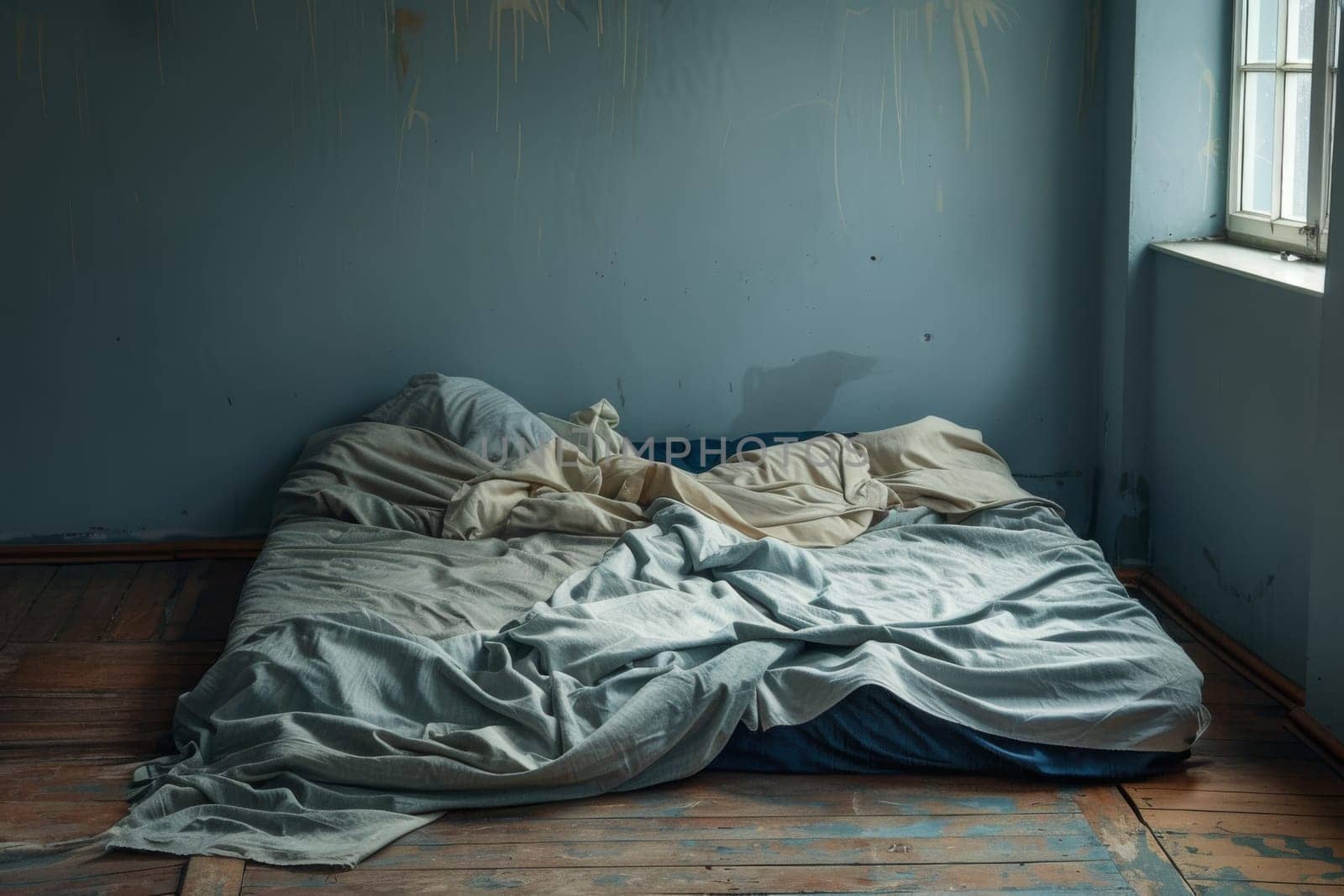 Empty bed with rumpled sheets, symbolizing the restlessness of insomnia
