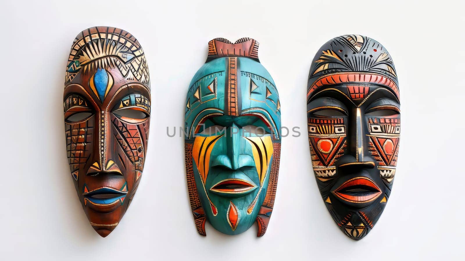 Three masks with different colors and designs. The masks are hanging on a white wall. Scene is artistic and colorful