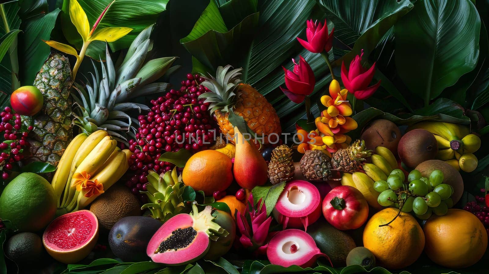 A colorful assortment of fruits and s, including bananas, oranges, and pears. Concept of abundance and freshness, with the vibrant colors of the produce creating a lively