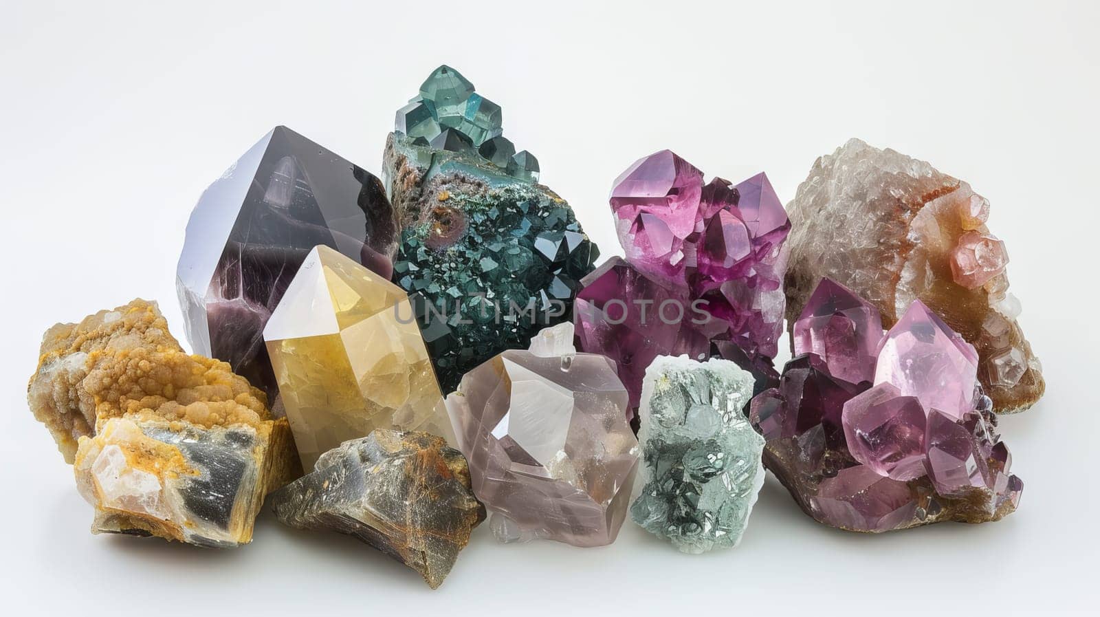 Ethereal gemstone clusters creating a sense of magic and wonder against white