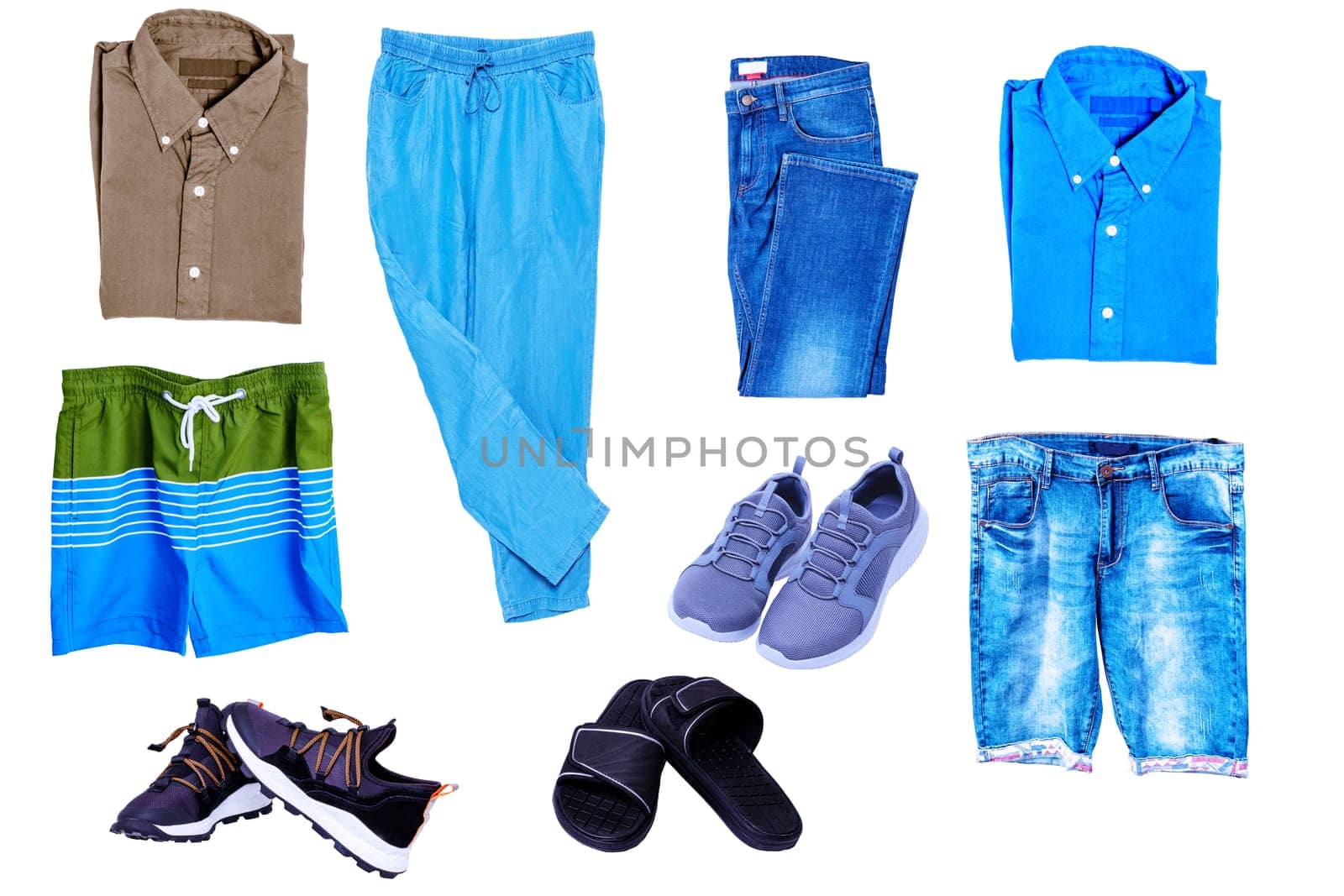 Collage set of little boys summer clothes isolated. Denim trousers and shorts, sneaker, shirts, pants and shoes for child boy. Children's spring fashion.