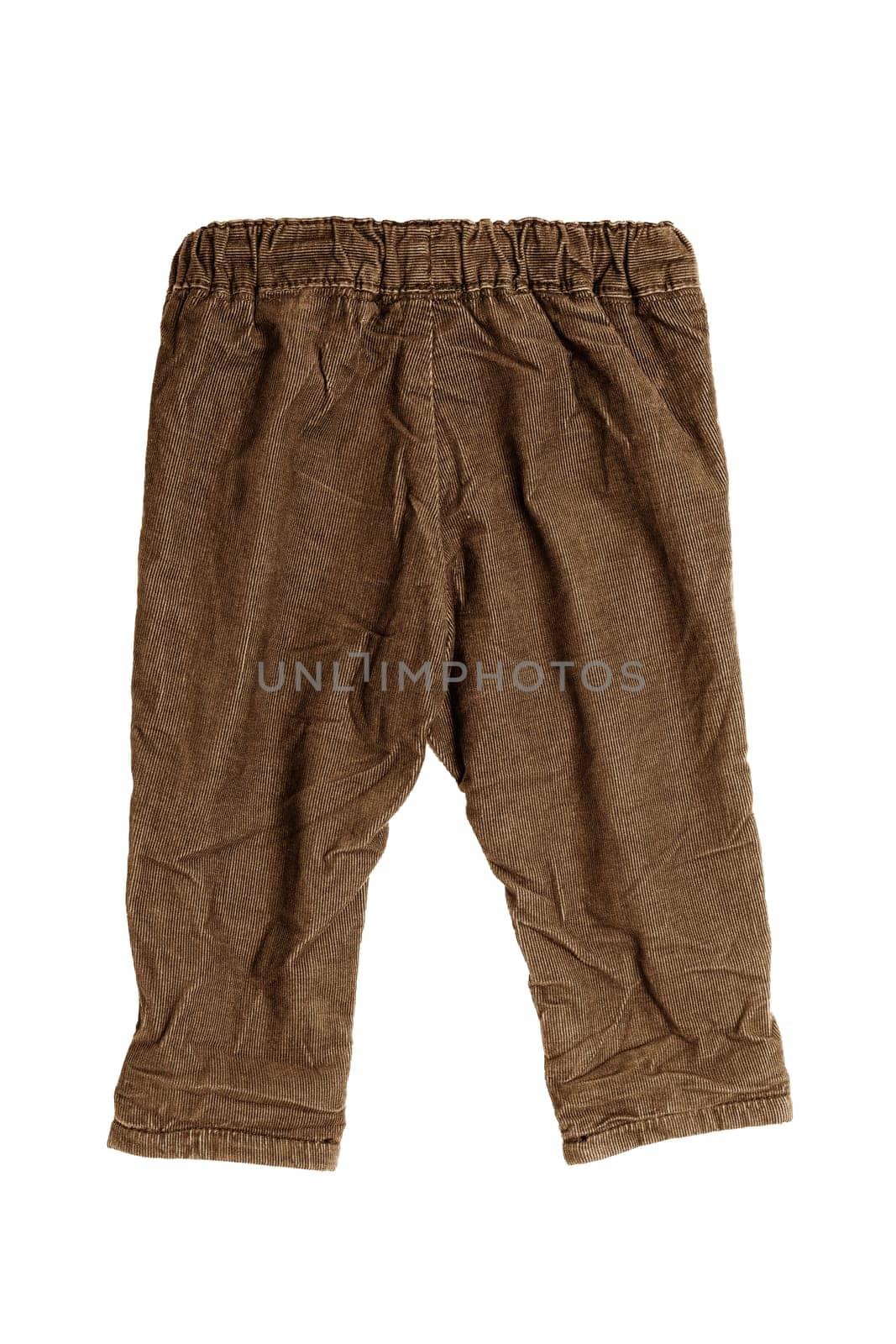 Children pants isolated. Closeup of sepia brown denim pants isolated on a white background. Sporty fashion for kids. Front and back view.