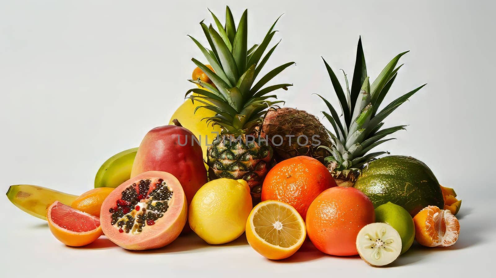 A pile of fruit including oranges, apples, and bananas
