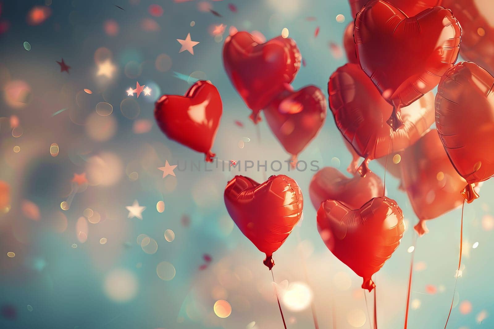 Floating balloons in the shape of stars and hearts, symbolizing love and happiness