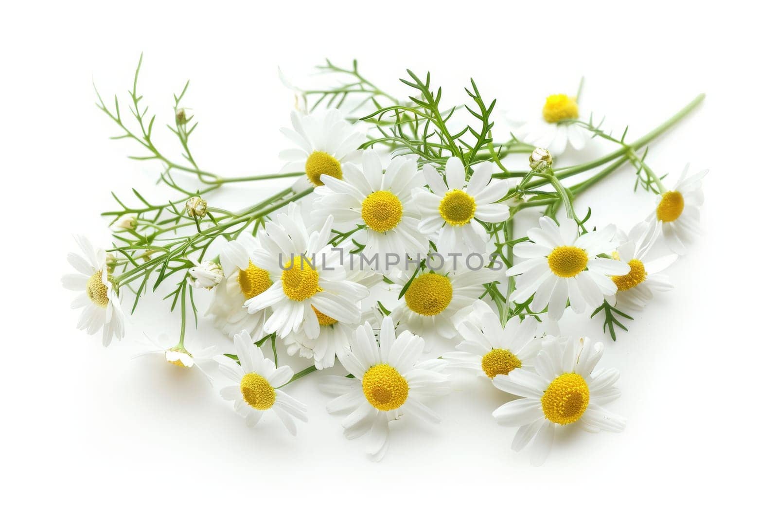 A bunch of white daisies with yellow centers. The flowers are arranged in a way that they are not overlapping each other