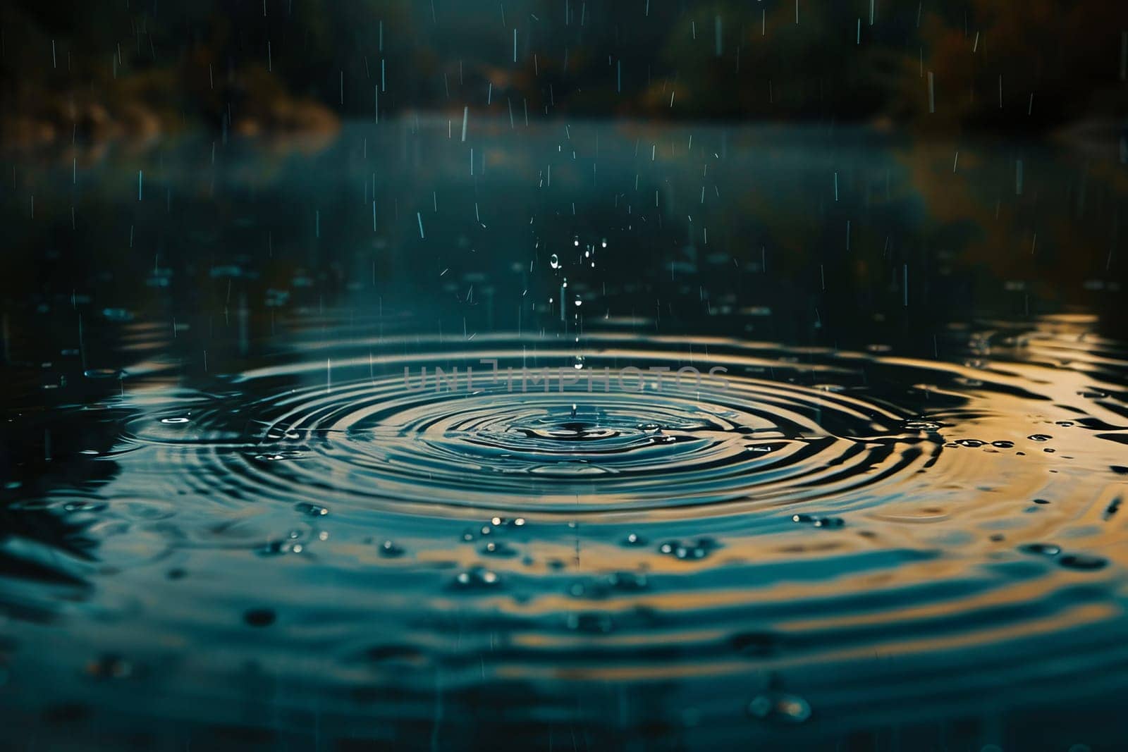 Gentle raindrops falling onto a calm body of water, creating ripples on the surface