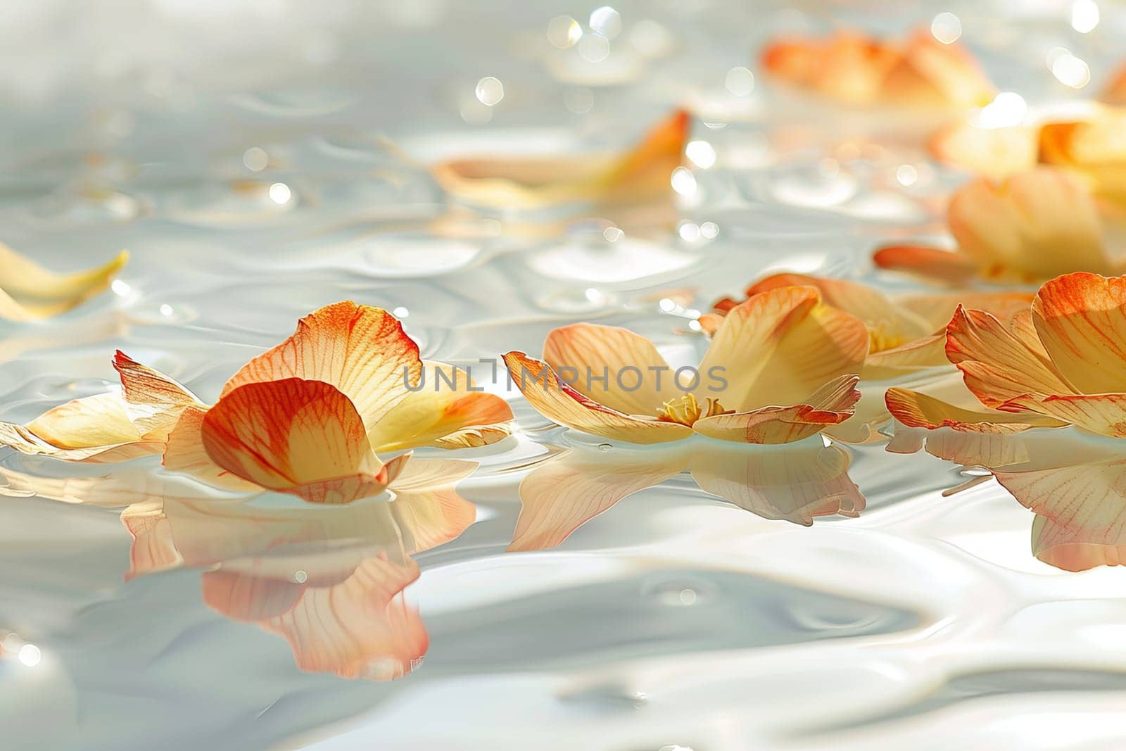 A close up of a pond with a few orange flowers floating on the surface. The flowers are reflected in the water, creating a serene and peaceful atmosphere