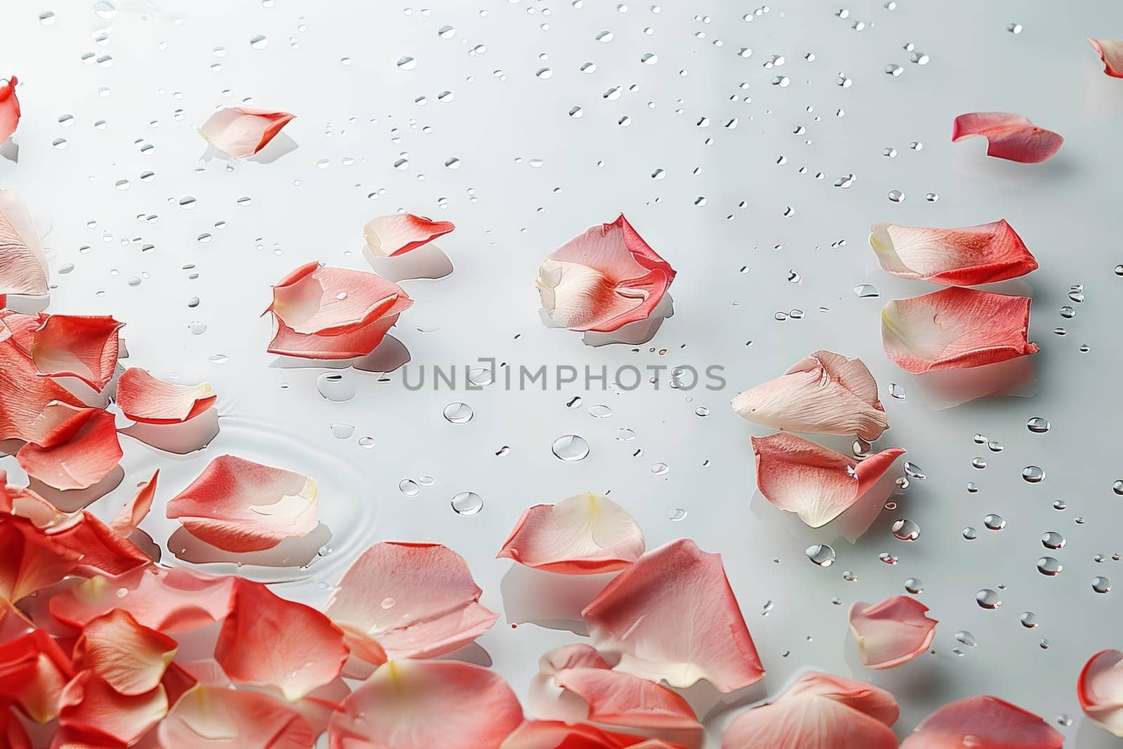 A close up of pink petals floating in water. The water is clear and the petals are scattered