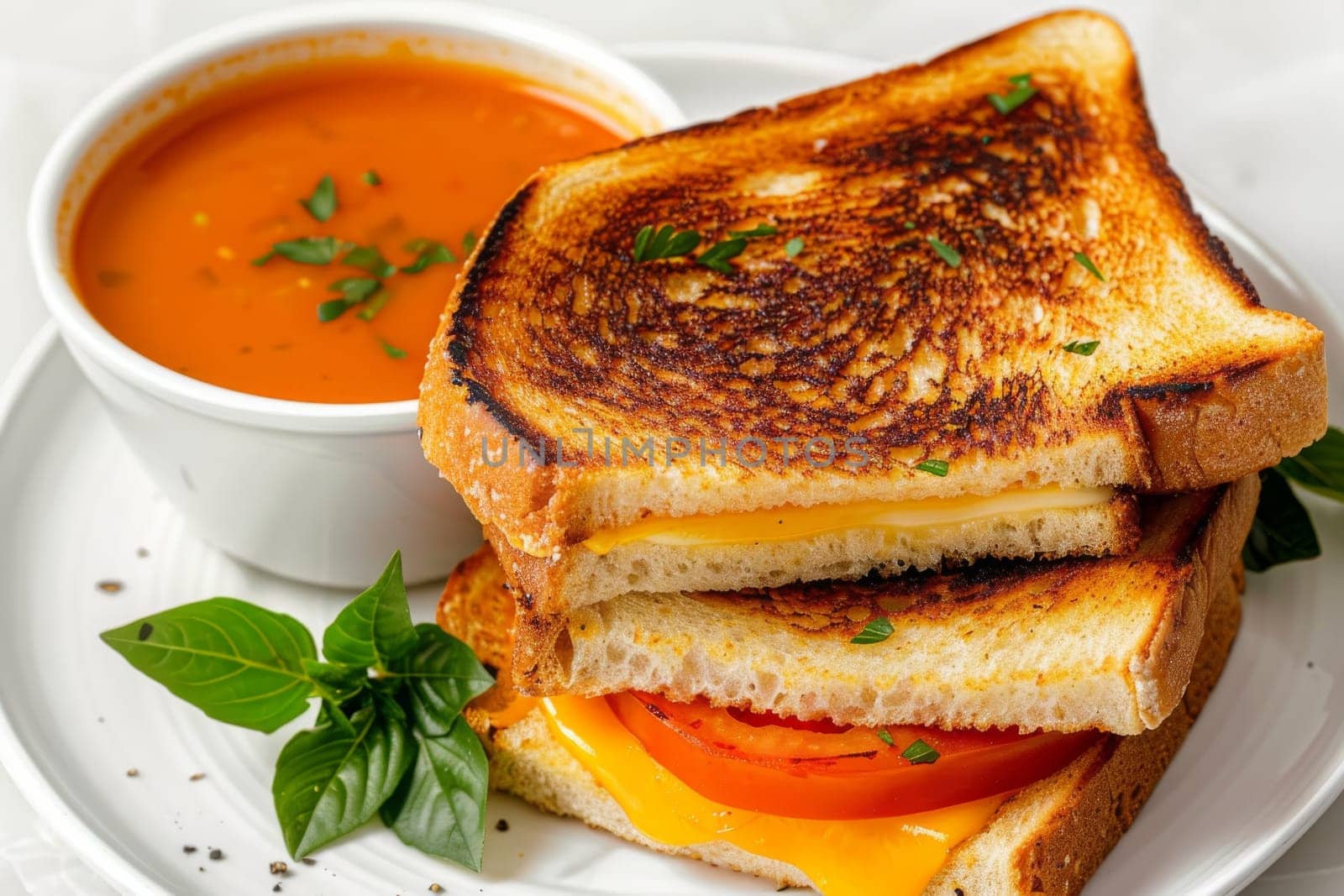Grilled cheese sandwich with tomato soup on a transparent white backdrop