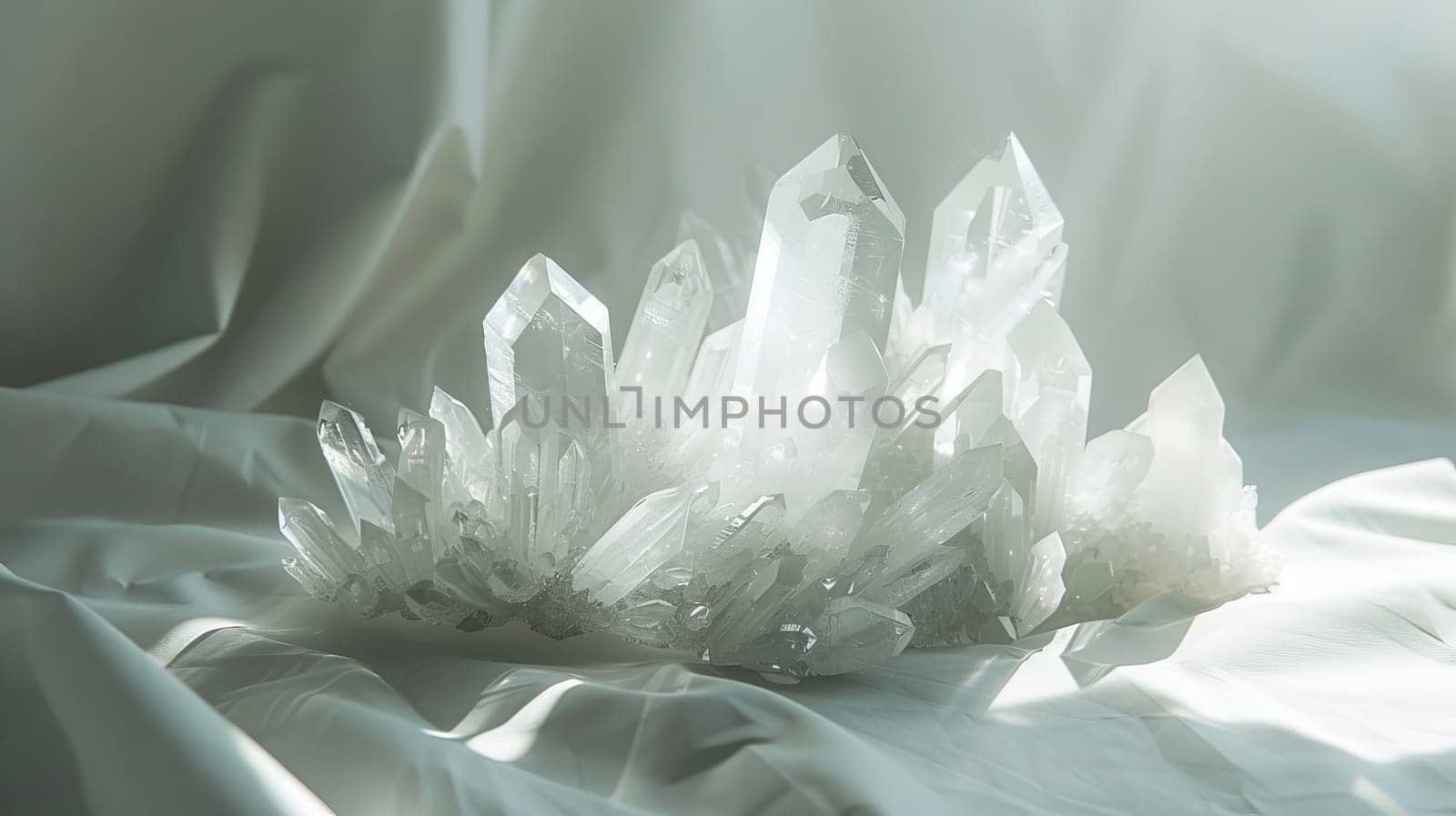 Glowing crystal formations casting ethereal shadows against a minimalist white canvas