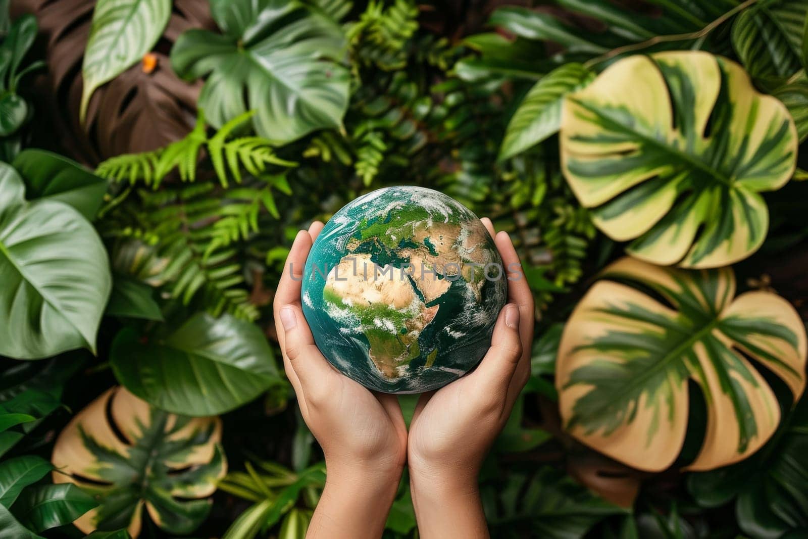 Hands holding a globe surrounded by leaves, representing global efforts for environmental conservation