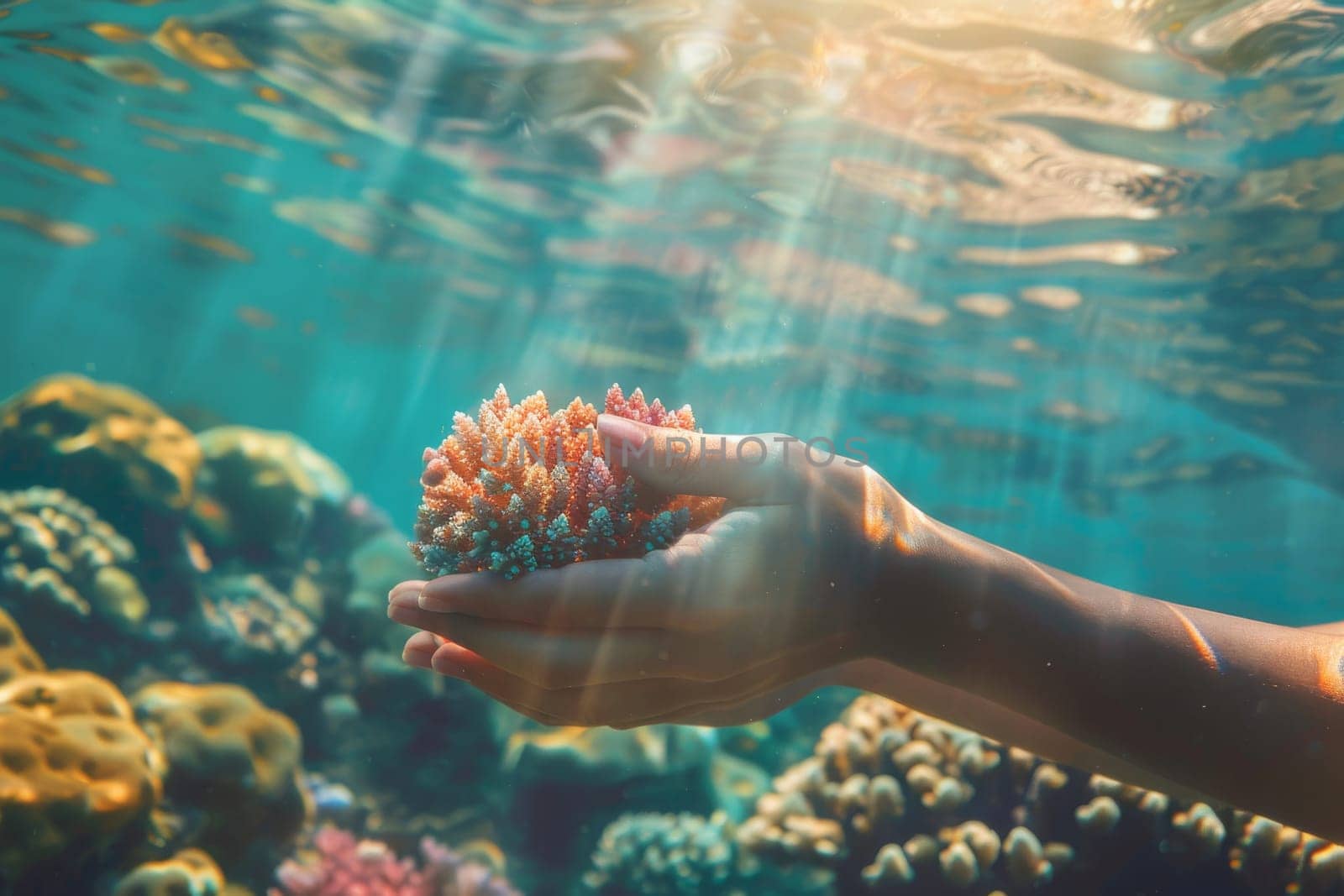 Hands holding a delicate coral reef underwater, highlighting the fragility of marine ecosystems