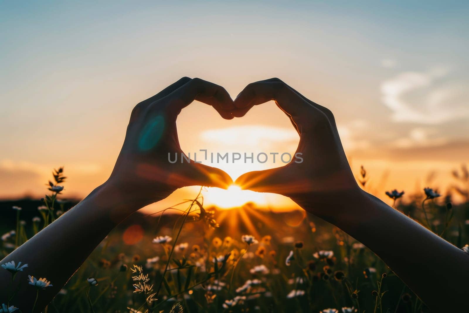 Hands forming a heart silhouette against the sunset