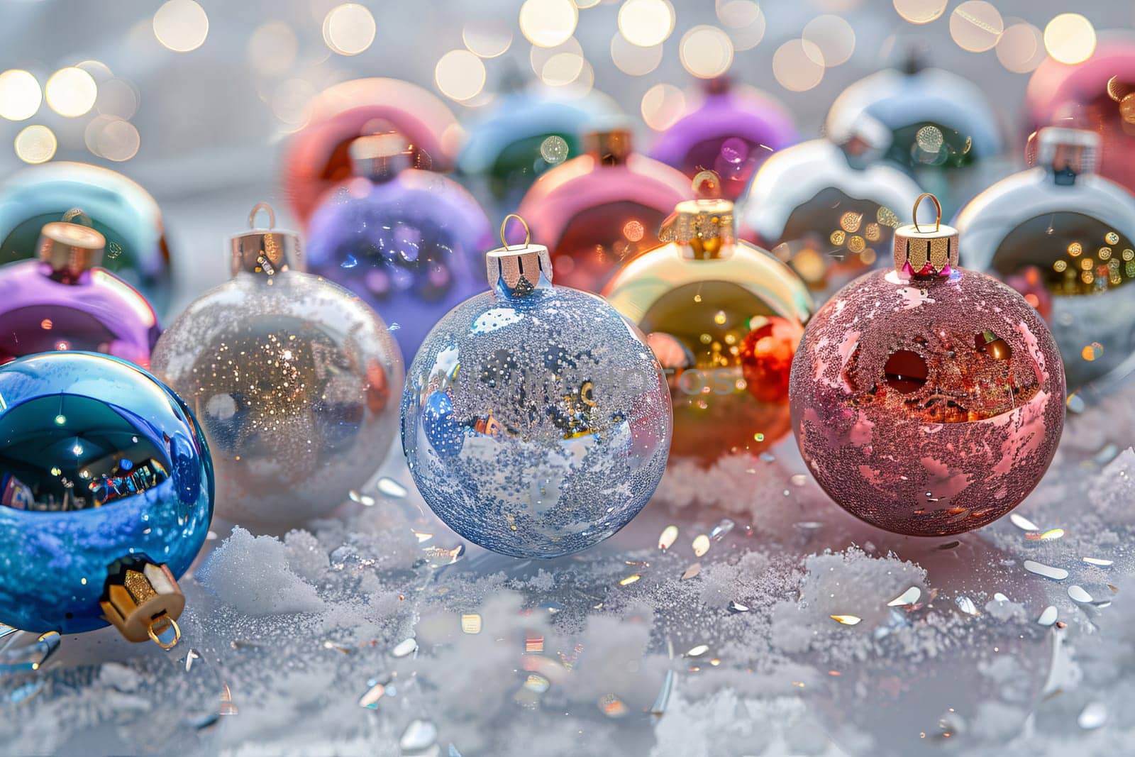 Joyful Christmas ornaments on a soft transparent white surface, ideal for festive decorations