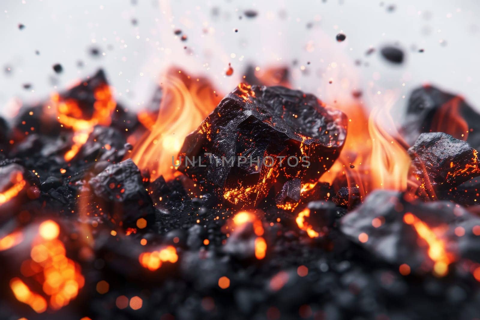 Intense heat radiating from glowing coals against a transparent white background, ideal for industrial concepts