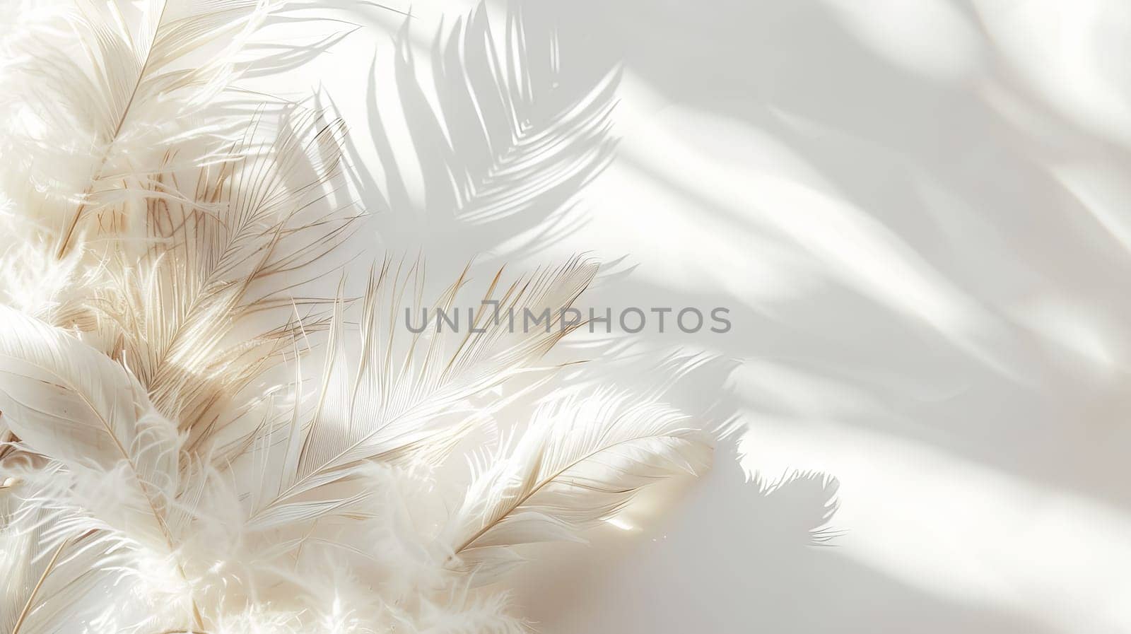 Intricate boho feathers adding depth and texture to a minimalist white backdrop