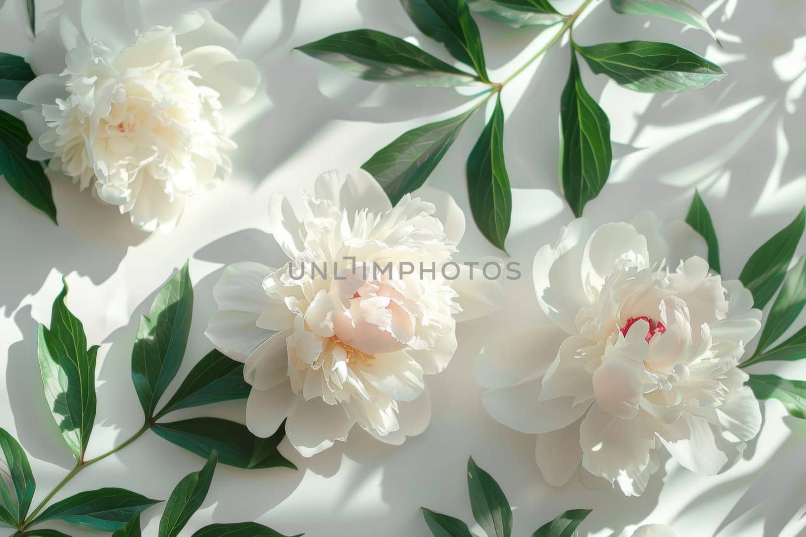 A white flower with pink petals is surrounded by green leaves. Concept of freshness and natural beauty