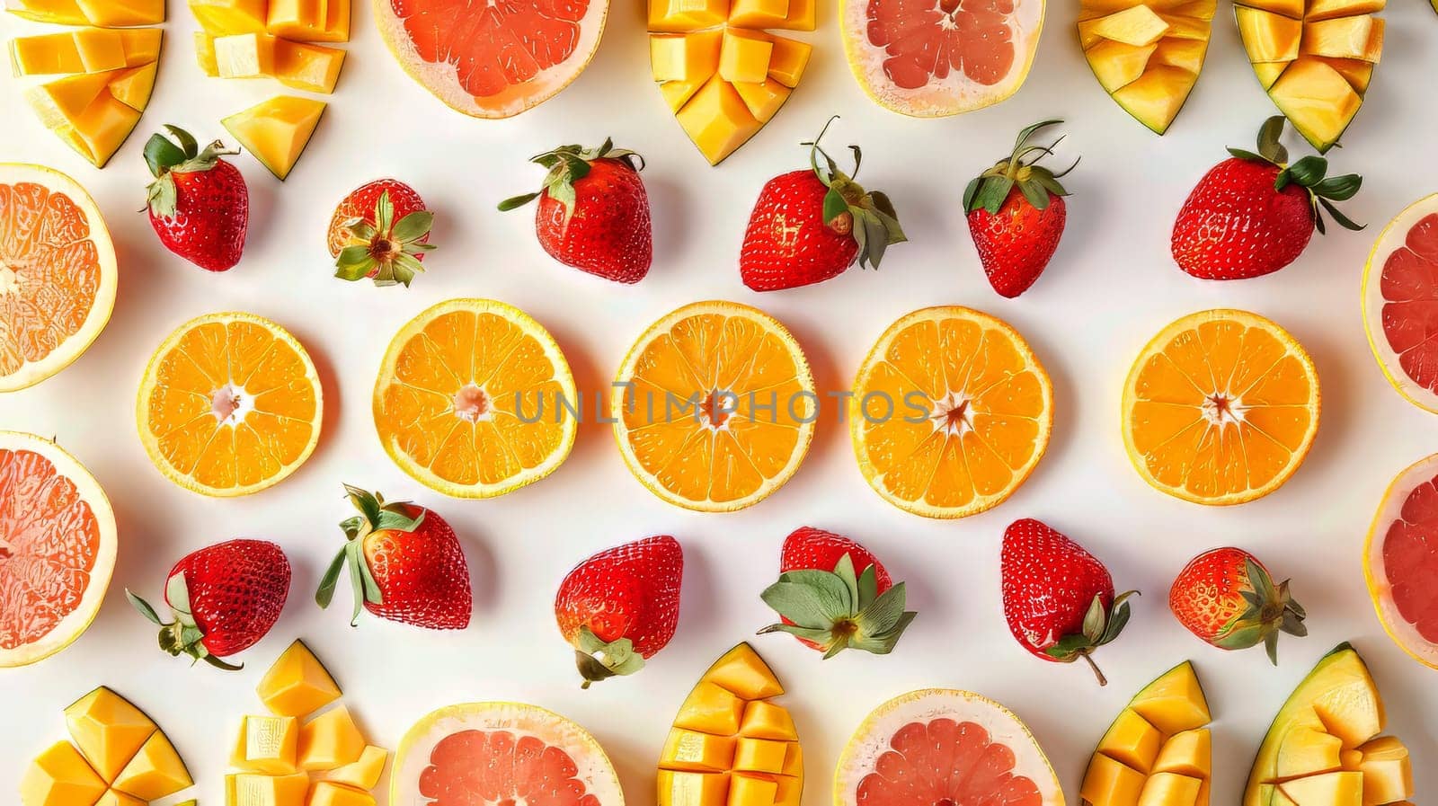 A colorful fruit salad with oranges, strawberries, and grapefruit. Concept of freshness and health, as well as a celebration of the natural beauty of fruits