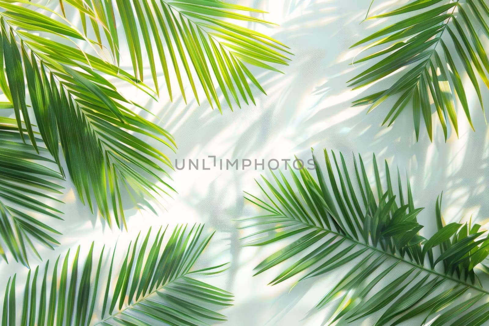 Lush palm fronds swaying gently on a transparent white backdrop, creating a tropical ambiance