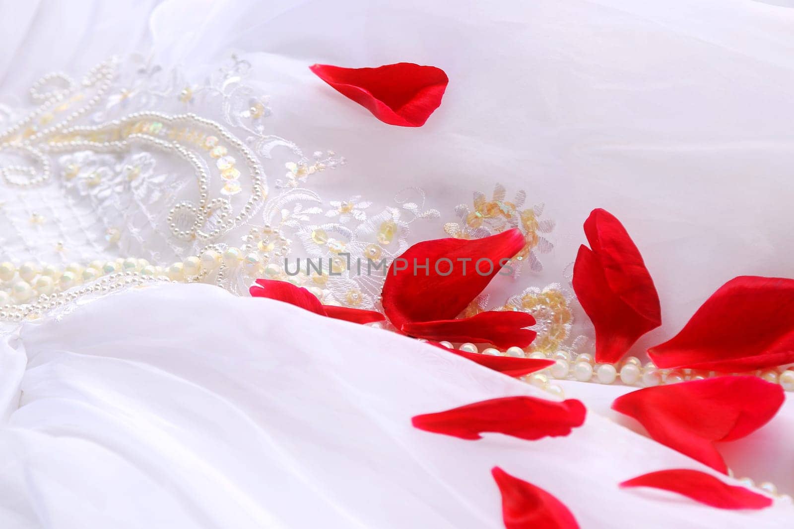 Close-up of a wedding dress with pearls and red rose petals