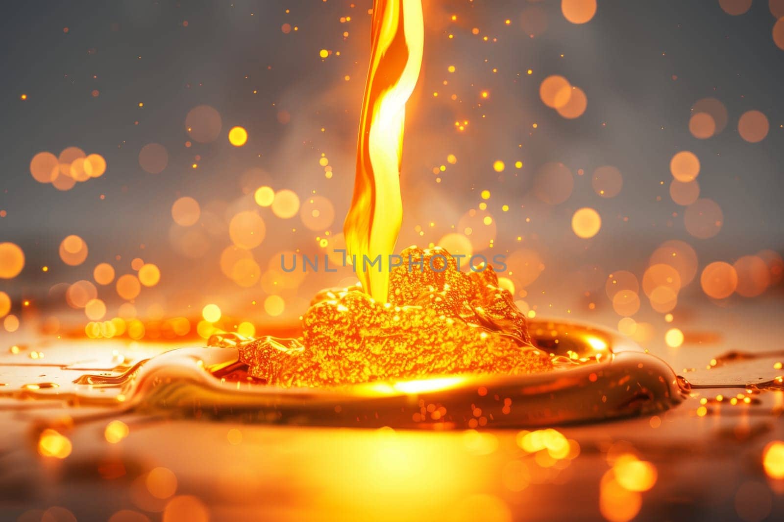 Glowing molten metal pouring from a crucible against a transparent white backdrop, symbolizing industrial processes