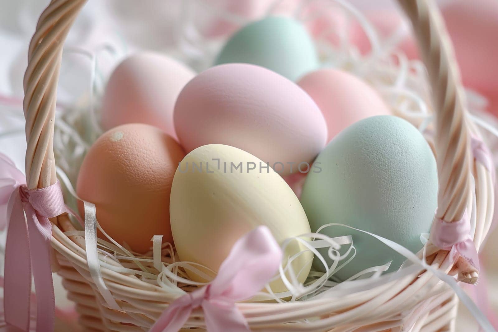 Pastel-colored Easter eggs arranged in a decorative basket with ribbon accents