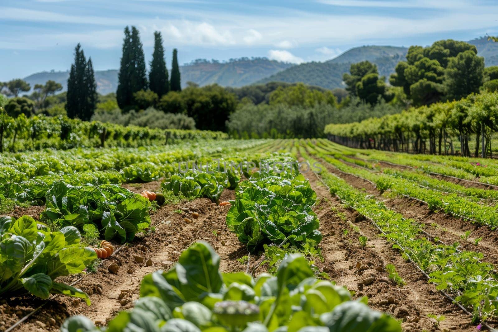 Organic farm with rows of vegetables and fruit trees, promoting pesticide-free agriculture