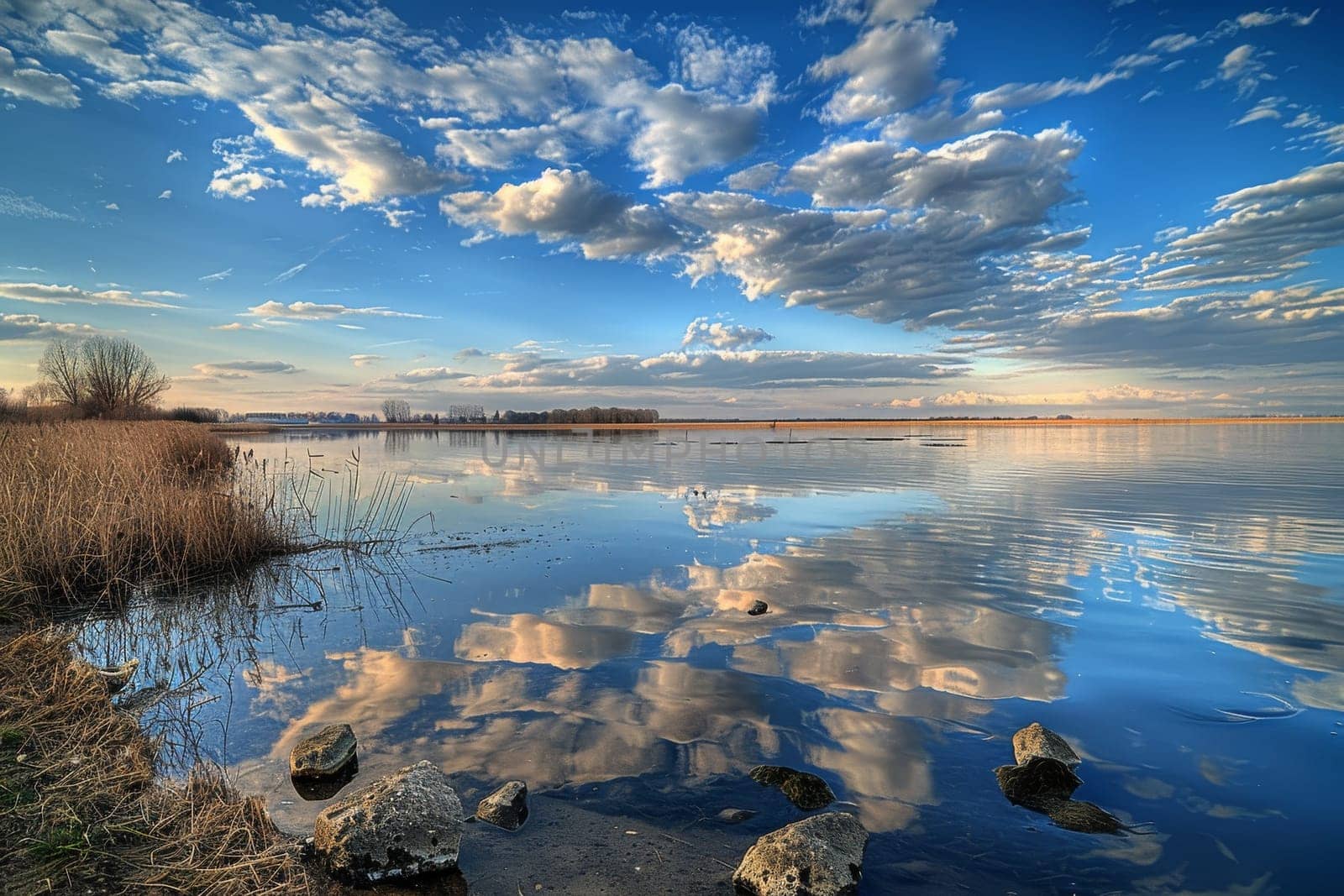 Peaceful lake with scattered altocumulus clouds